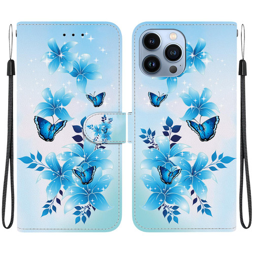 iPhone 12 Pro Max Crystal Texture Colored Drawing Leather Phone Case - Blue Butterflies