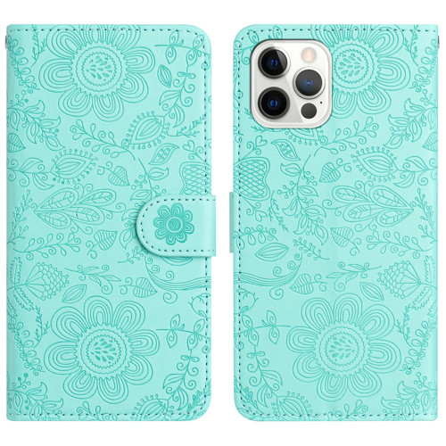 iPhone 12 Pro Max Floral Embossed Pattern Leather Phone Case - Light Green