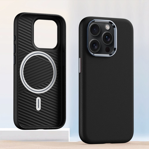 iPhone 12 Pro Max Metal Lens Frame Leather Magsafe Full Coverage Shockproof Phone Case - Black