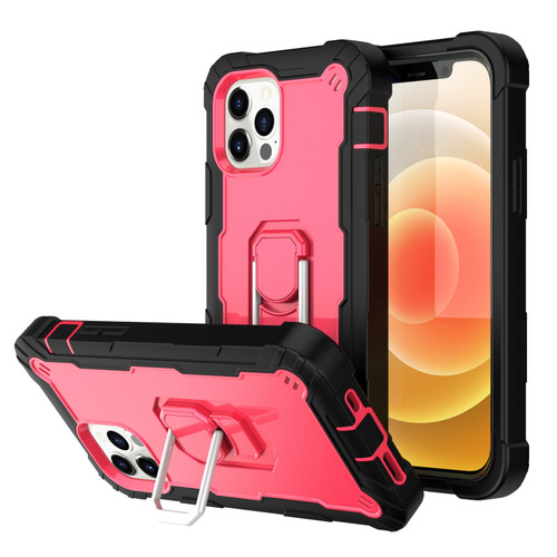 iPhone 12 Pro Max PC + Rubber 3-layers Shockproof Protective Case with Rotating Holder - Black + Rose Red
