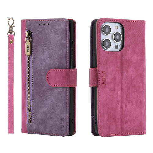 iPhone 12 Pro Max POLA Dual-color Zipper Wallet RFID Leather Phone Case - Purple Pink