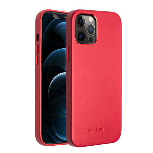 iPhone 12 Pro Max QIALINO Shockproof Cowhide Leather Protective Case - Red