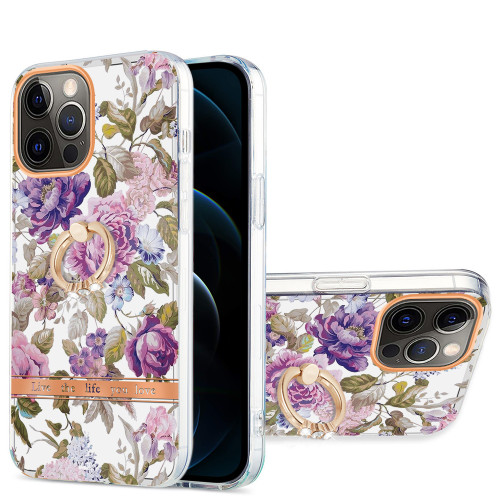 iPhone 12 Pro Max Ring IMD Flowers TPU Phone Case - Purple Peony