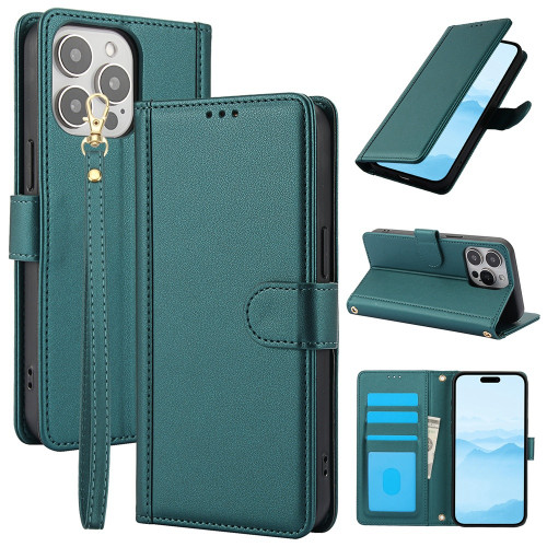 iPhone 12 Pro Max Skin Feel Pure Color Card Slots Leather Phone Case with Dual Lanyard - Green