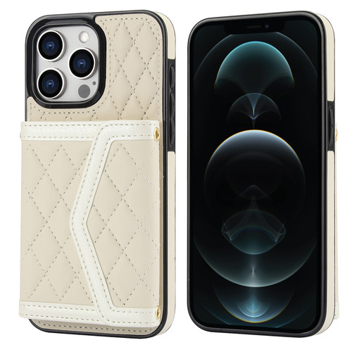 iPhone 12 Pro Max Splicing Rhombic Texture Card Bag Phone Case with Long Lanyard - Beige