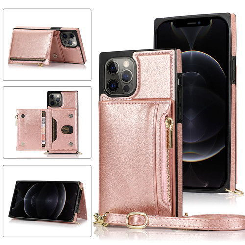 iPhone 12 Pro Max Square Zipper Wallet Bag TPU+PU Back Cover Case with Holder & Card Slots & Wallet & Cross-body Strap - Rose Glod