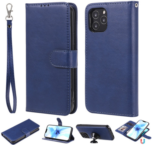 iPhone 12 / 12 Pro 2 in 1 Solid Color Detachable PU Leather Case with Card Slots & Magnetic Holder & Photo Frame & Wallet & Strap - Blue