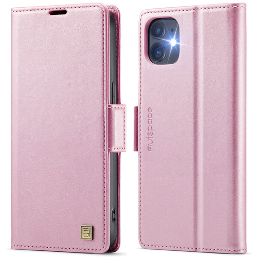 iPhone 12 / 12 Pro AutSpace A11 Side Buckle MagSafe Magnetic RFID Phone Leather Case - Rose Gold