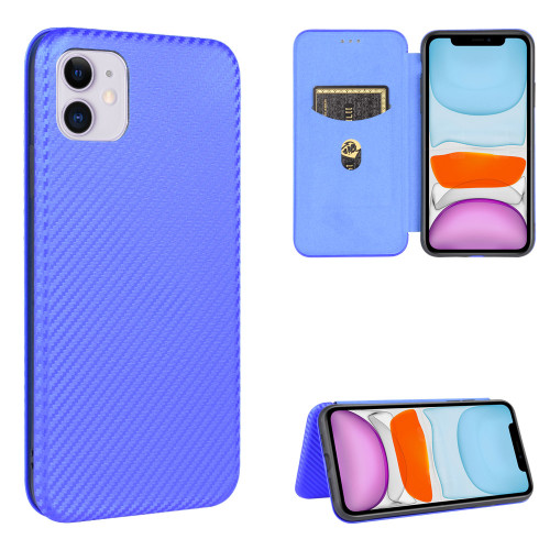 iPhone 12 / 12 Pro Carbon Fiber Texture Horizontal Flip TPU + PC + PU Leather Case with Card Slot - Blue