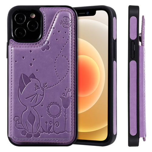 iPhone 12 / 12 Pro Cat Bee Embossing Pattern Shockproof Protective Case with Card Slots & Photo Frame - Purple