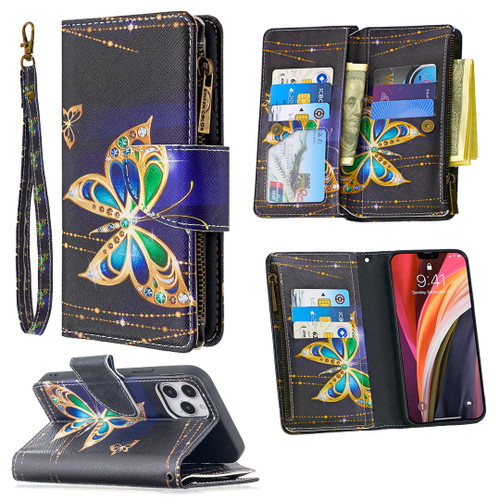 iPhone 12 / 12 Pro Colored Drawing Pattern Zipper Horizontal Flip Leather Case with Holder & Card Slots & Wallet - Big Butterfly