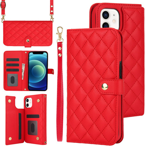 iPhone 12 / 12 Pro Crossbody Multifunction Rhombic Leather Phone Case - Red