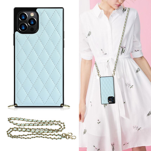 iPhone 12 / 12 Pro Elegant Rhombic Pattern Microfiber Leather +TPU Shockproof Case with Crossbody Strap Chain - Blue