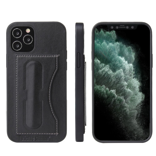 iPhone 12 / 12 Pro Fierre Shann Full Coverage Protective Leather Case with Holder & Card Slot - Black