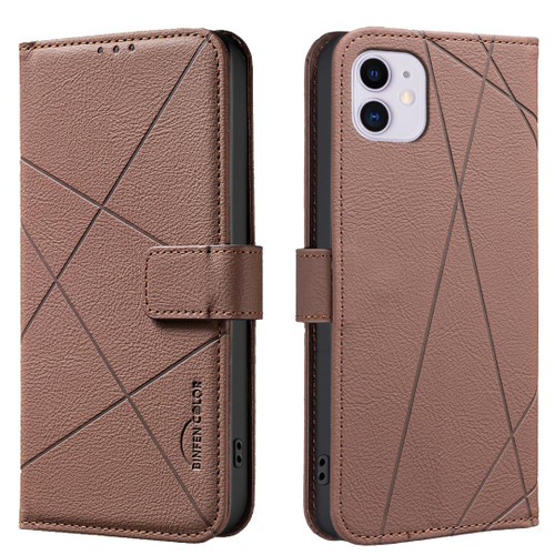 iPhone 12 / 12 Pro Geometric Pattern RFID Leather Phone Case - Brown
