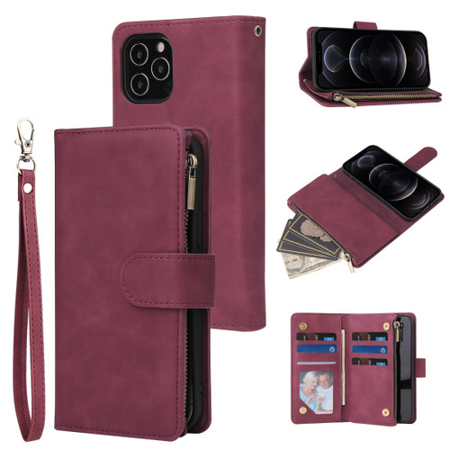 iPhone 12 / 12 Pro Multifunctional Retro Frosted Horizontal Flip Leather Case with Card Slot & Holder & Zipper Wallet & Photo Frame & Lanyard - Red Wine
