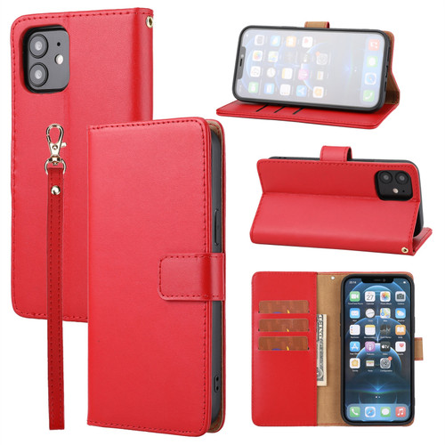 iPhone 12 / 12 Pro Plain Weave Cowhide Genuine Leather Phone Case - Red