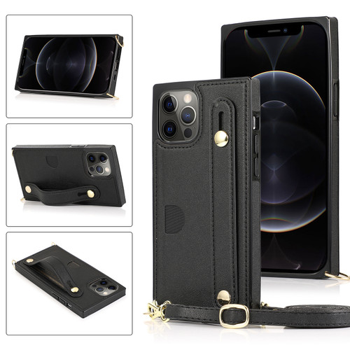 iPhone 12 / 12 Pro PU+TPU Shockproof Protective Case with Crossbody Lanyard & Holder & Card Slot & Wrist Strap - Black
