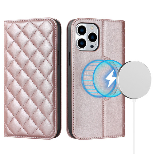 iPhone 12 / 12 Pro Rhombic MagSafe RFID Anti-Theft Wallet Leather Phone Case - Rose Gold