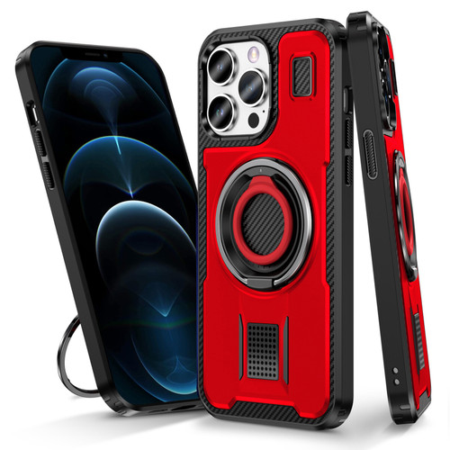 iPhone 12 / 12 Pro Ring Holder Carbon Fiber PC Hybrid TPU Phone Case - Red