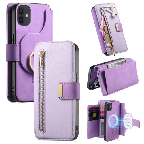 iPhone 12 / 12 Pro Ring Zipper Wallet RFID Blocking MagSafe Leather Phone Case - Purple