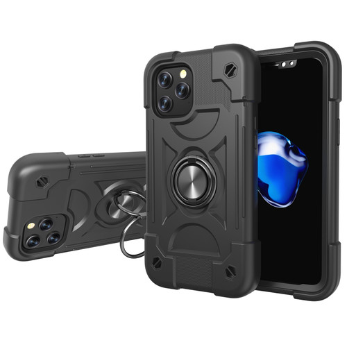 iPhone 12 / 12 Pro Shockproof Silicone + PC Protective Case with Dual-Ring Holder - Black