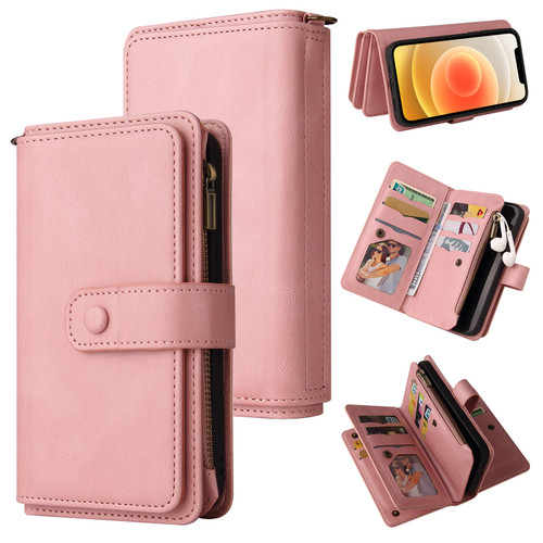 iPhone 12 / 12 Pro Skin Feel PU + TPU Horizontal Flip Leather Case with Holder & 15 Cards Slot & Wallet & Zipper Pocket & Lanyard - Pink