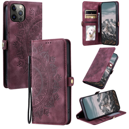 iPhone 12 / 12 Pro Skin Feel Totem Embossed Leather Phone Case - Wine Red