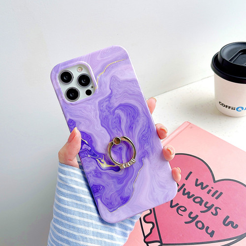 iPhone 12 / 12 Pro Thickened TPU Glazed Marble Pattern Case with Metallic Ring Holder - Purple