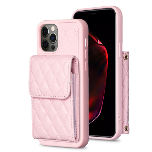 iPhone 12 / 12 Pro Vertical Wallet Rhombic Leather Phone Case - Pink