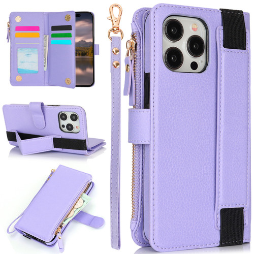 iPhone 12 / 12 Pro Wristband Holder Zipper Purse RFID Leather Phone Case - Purple
