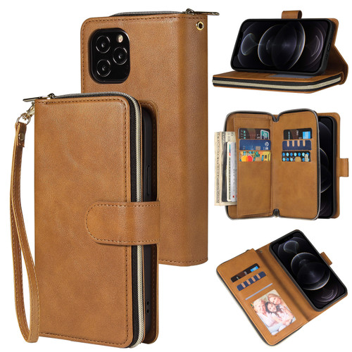 iPhone 12 / 12 Pro Zipper Wallet Bag Horizontal Flip PU Leather Case with Holder & 9 Card Slots & Wallet & Lanyard & Photo Frame - Brown