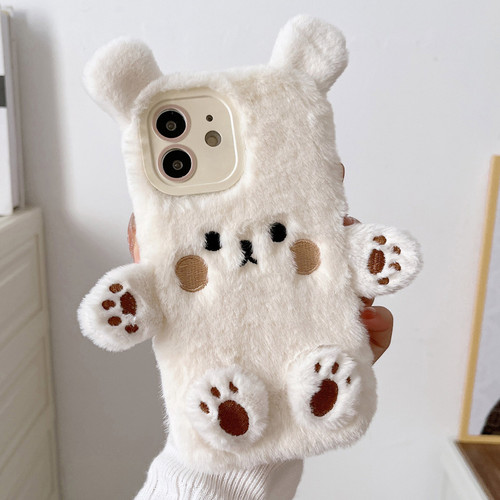 iPhone 12 3D Smiling Little Bear Plush Phone Case - White