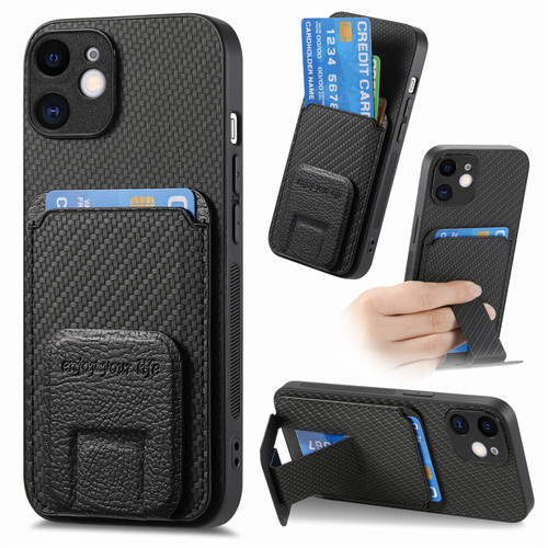 iPhone 12 Carbon Fiber Card Bag Fold Stand Phone Case - Black