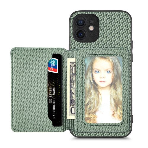 iPhone 12 Carbon Fiber Magnetic Card Bag Phone Case - Green