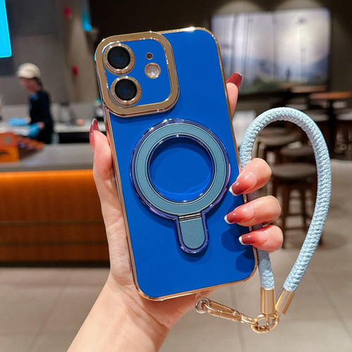 iPhone 12 Charm Eye Electroplating Metal Holder Phone Case with Lanyard - Blue