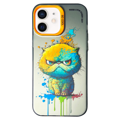 iPhone 12 Double Layer Color Silver Series Animal Oil Painting Phone Case - Big Face Cat