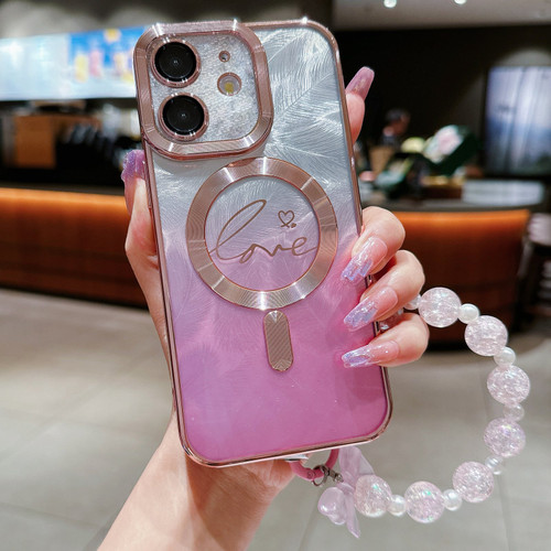 iPhone 12 Dual-Love Feather Gradient Glitter Bracelets Magsafe TPU Phone Case - Pink