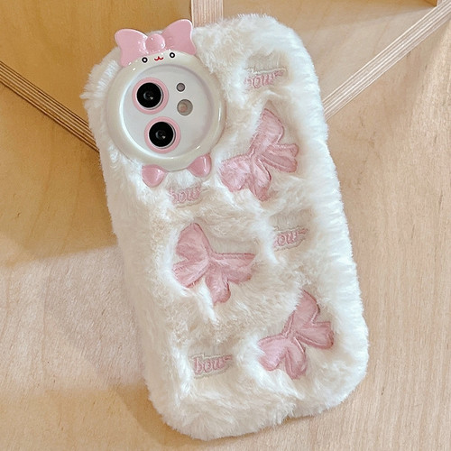 iPhone 12 Plush Embroidery Full Coverage Phone Case - White + Pink Bow
