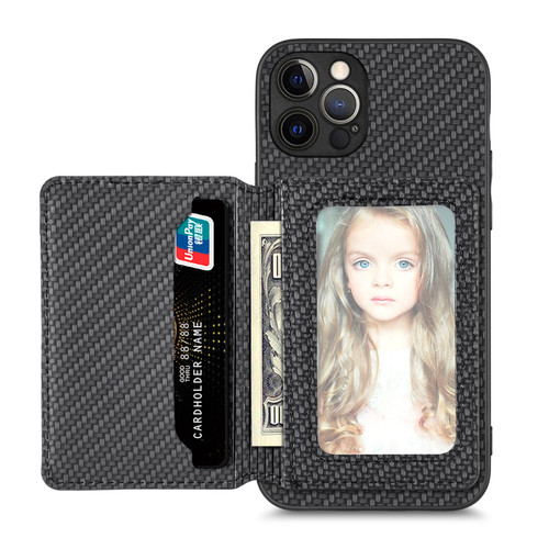 iPhone 12 Pro Carbon Fiber Magnetic Card Bag Phone Case - Black