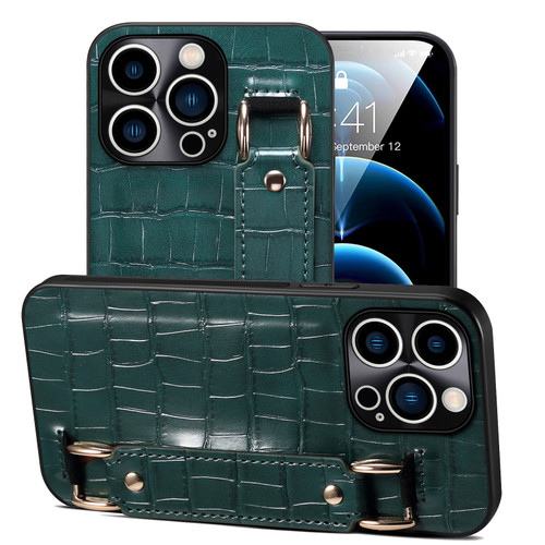 iPhone 12 Pro Crocodile Wristband Wallet Leather Back Cover Phone Case - Dark Green