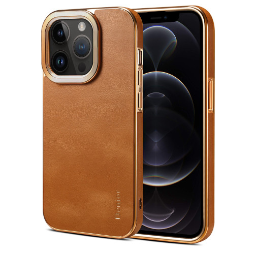 iPhone 12 Pro Denior Cowhide Leather Plating Phone Case - Khaki