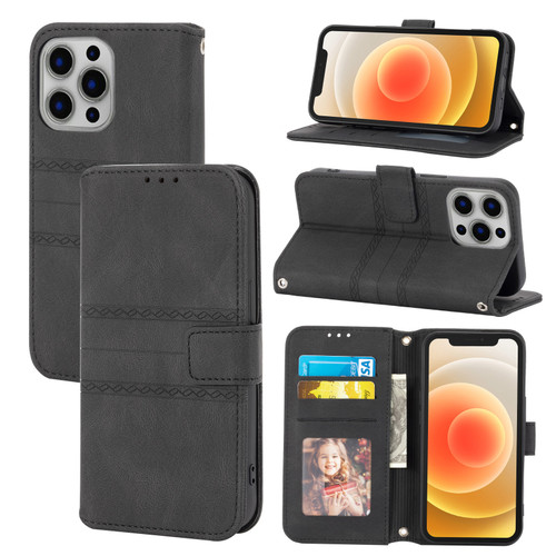 iPhone 12 Pro Embossed Striped Magnetic Buckle PU + TPU Horizontal Flip Leather Case with Holder & Card Slot & Wallet & Photo Frame & Sling - Black