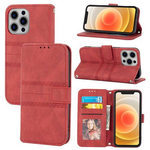 iPhone 12 Pro Embossed Striped Magnetic Buckle PU + TPU Horizontal Flip Leather Case with Holder & Card Slot & Wallet & Photo Frame & Sling - Red