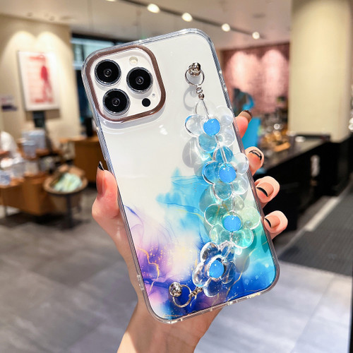 iPhone 12 Pro Gold Halo Marble Pattern Case with Flower Bracelet - Purple