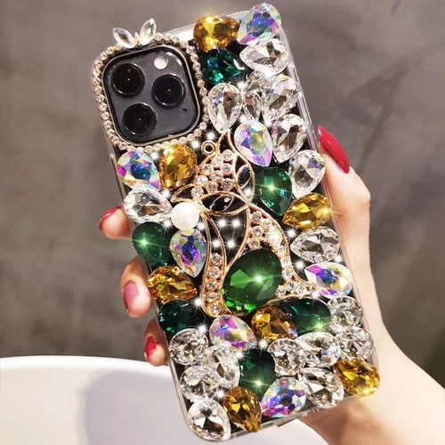 iPhone 12 Pro Handmade Bling Rhinestone Gemstone Fox PC Phone Case - Green