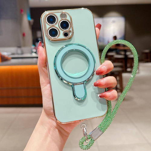 iPhone 12 Pro Solid Color Electroplated Metal Holder Phone Case with Lanyard - Light Green
