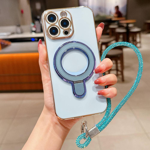 iPhone 12 Pro Solid Color Electroplated Metal Holder Phone Case with Lanyard - Sierra Blue