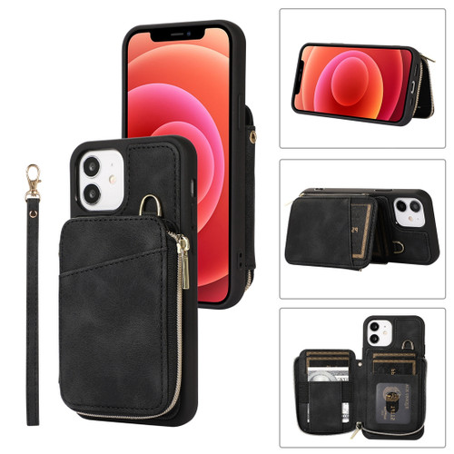 iPhone 12 Zipper Card Bag Back Cover Phone Case - Black
