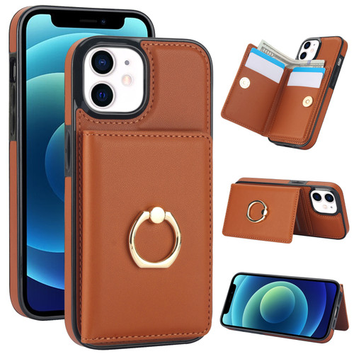 iPhone 12/12 Pro RFID Anti-theft Card Ring Holder Phone Case - Brown